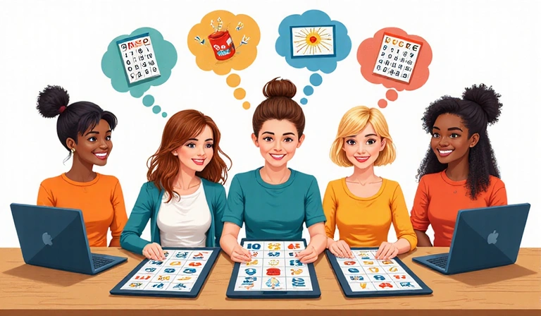 Animated illustration of diverse people chatting and playing bingo on their devices