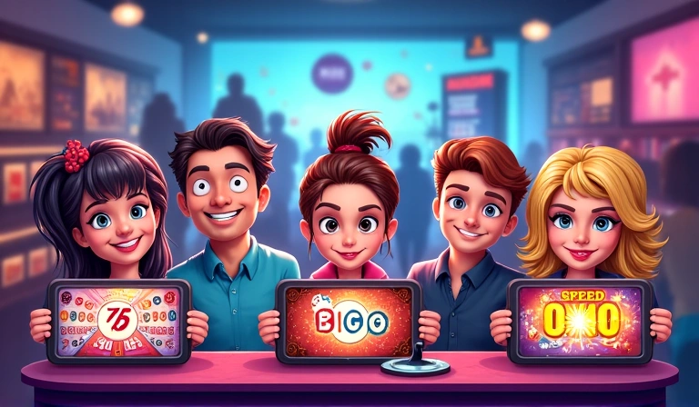 Diverse group of animated characters playing different bingo variations online