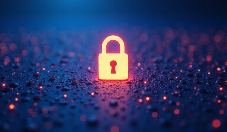 Data privacy and security concept, with a padlock icon over abstract digital lines