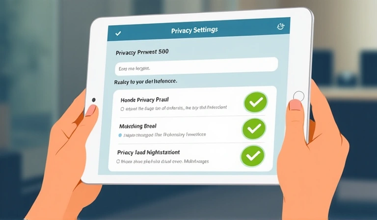 Illustration of a person reviewing digital privacy settings on a tablet, with a green checkmark indicating consent